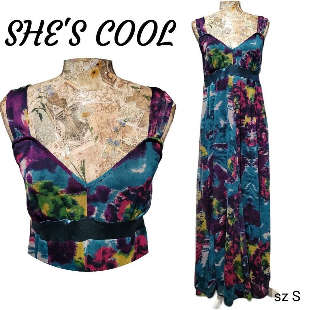 She's Cool Peacock Colorful Long Halter Top Empire Waist Flowy Maxi Dress